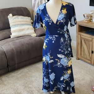 Beautiful blue floral mid-maxi wrap around dress